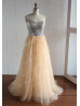 Silver Sequin Champagne Tulle Beaded Long Prom Dress Silver Sequin Champagne Tulle Beaded Long Prom Dress